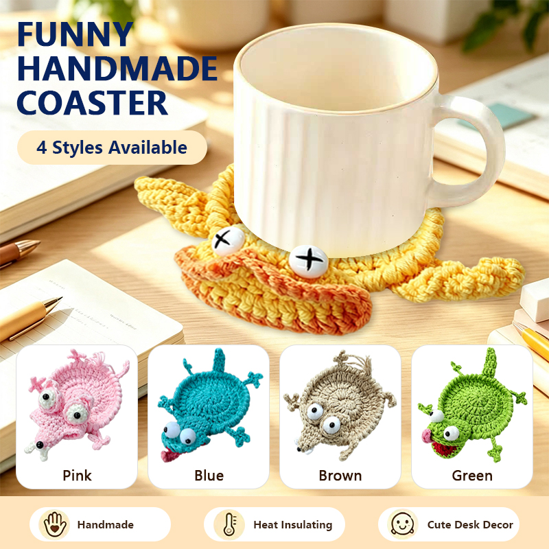 Home And Textiles Today - かわいい手編みの動物コースター、手作りのニット製ソフトドリンクカップマット、ホームオフィスのテーブルデスク装飾、コーヒーティーカップ用ノベルティギフト