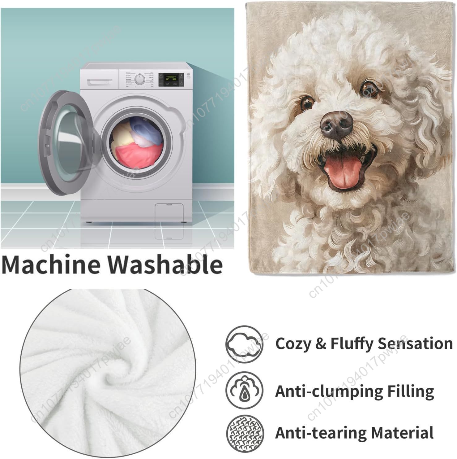 楽しいプードルの肖像画ブランケット、リアルな犬のデザイン、柔 - Home Textiles Usa のレビューと価格